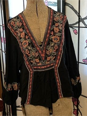 Black Embroidered V-Neck Women's Top
